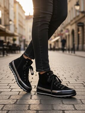 Candice Cooper Velvet Suede Janis Strip Plus Chic High Top Sneakers, Black